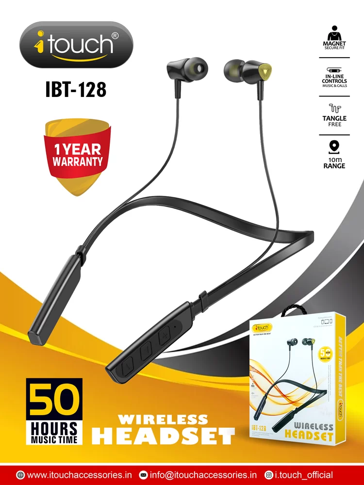 iTouch Wireless Bluetooth IBT 128 Neckband Headphones 50hrs