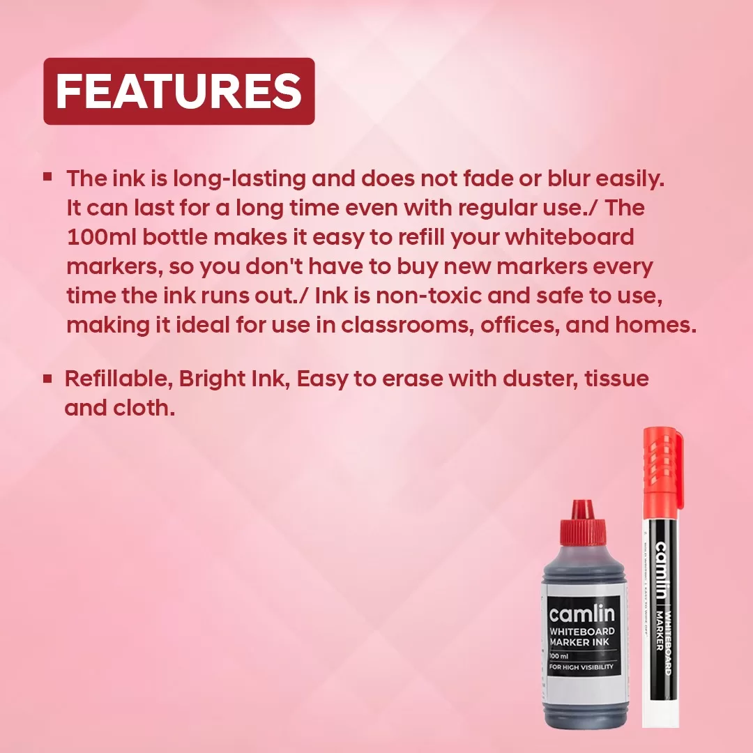 Camlin Whiteboard Marker Ink (100ml) with Red Marker Pen – Refillable Combo  Pack WisyCart Wholesale Office Supplies Stationery Online