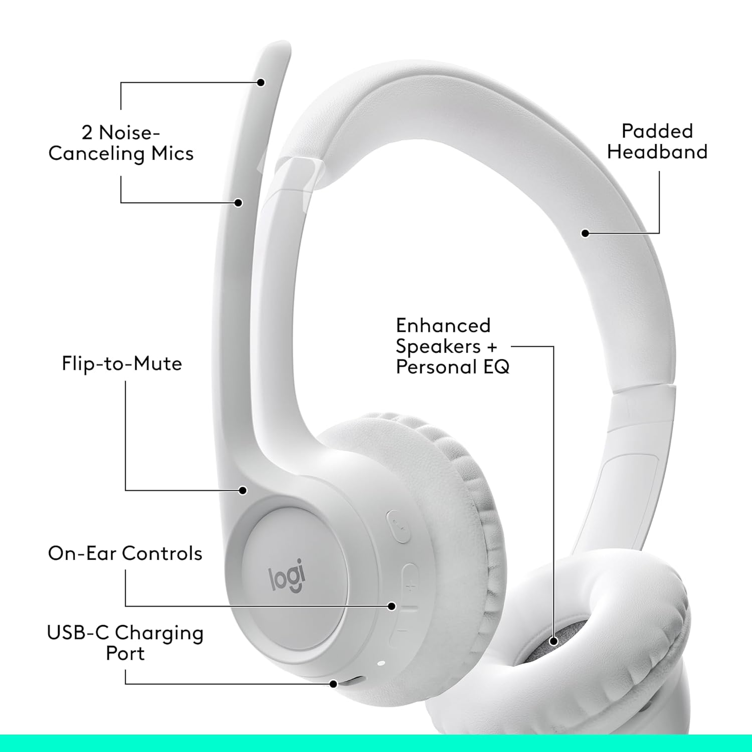 Logitech Zone 300 Wireless Bluetooth® On-Ear Headset with Noise-Cancelling Microphone – White 7 Logitech Zone 300 Wireless Bluetooth® On-Ear Headset with Noise-Cancelling Microphone – White - Image 7
