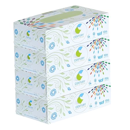 Century | Face Tissue Box | 2 Ply | 100 Pulls per Box | Pack of 4 | Soft & Skin-Safe | OBA-Free | FDA Approved | White
