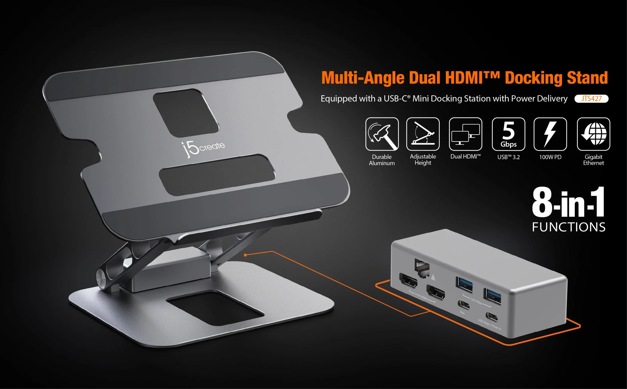 JTS427 Multi-Angle Dual HDMI™ Docking Stand with 100W USB-C® PD, 4K Display Support, and Built-in USB Hub 7