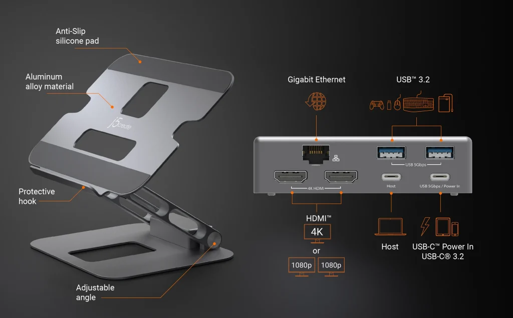 JTS427 Multi-Angle Dual HDMI™ Docking Stand with 100W USB-C® PD, 4K Display Support, and Built-in USB Hub 9