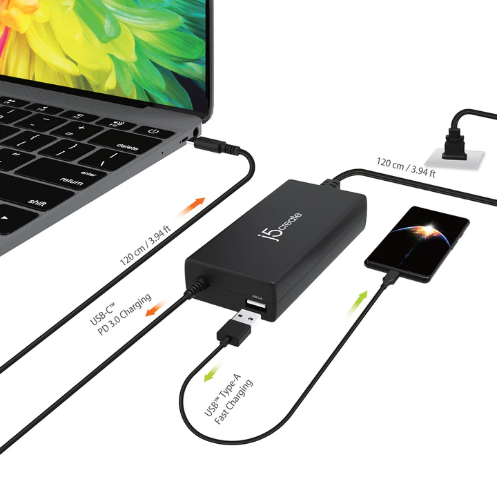 j5create JUP2290 100W PD USB-C Super Charger with USB-A Fast Charging Port – 87W USB-C + 12W USB-A Simultaneous Charging, Built-in Cable, Surge Protection 7 j5create JUP2290 100W PD USB-C Charger with Dual Port