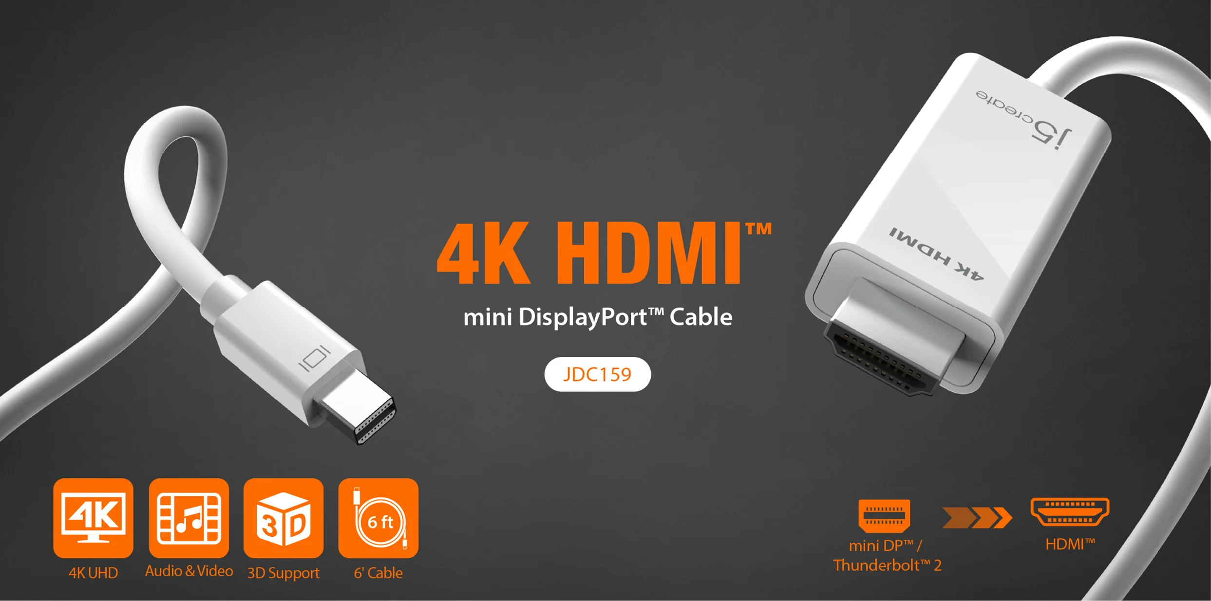 j5Create JDC159 Mini DisplayPort to 4K HDMI Cable – Seamless 6ft Passive Converter for Mac & PC | Plug & Play Ultra HD Support 4
