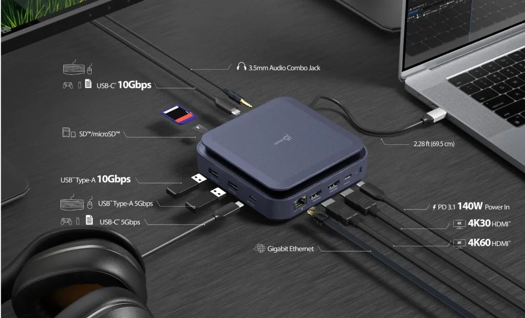 J5Create Powerful Dual 4K HDMI Dock with 140W PD 3.1 – Ultra-Fast USB 10Gbps, Gigabit LAN, SD Card Reader – JCD3196 11