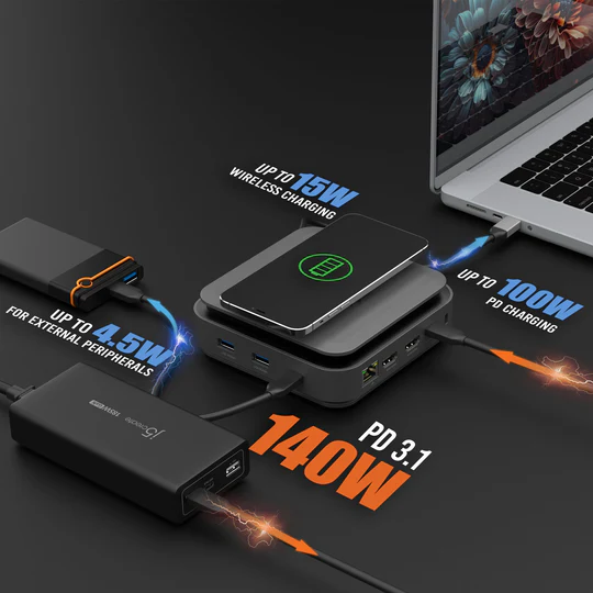 J5Create Ultimate JCD3199 USB-C Dual 4K HDMI Docking Station with 140W PD, 15W Wireless Charger, Gigabit Ethernet, USB 10Gbps Ports – Ideal for MacBook & Windows Laptops 7 J5Create Ultimate JCD3199 USB-C Dual 4K HDMI Docking Station with 140W PD, 15W Wireless Charger, Gigabit Ethernet, USB 10Gbps Ports – Ideal for MacBook & Windows Laptops - Image 7