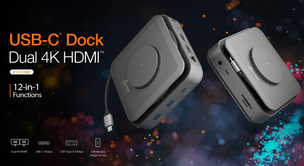 J5Create Ultimate JCD3199 USB-C Dual 4K HDMI Docking Station with 140W PD, 15W Wireless Charger, Gigabit Ethernet, USB 10Gbps Ports – Ideal for MacBook & Windows Laptops 10