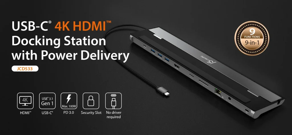 J5Create JCD533 Premium USB-C 4K HDMI Docking Station with Power Delivery – Your 9-Port Desktop Upgrade Hub 12