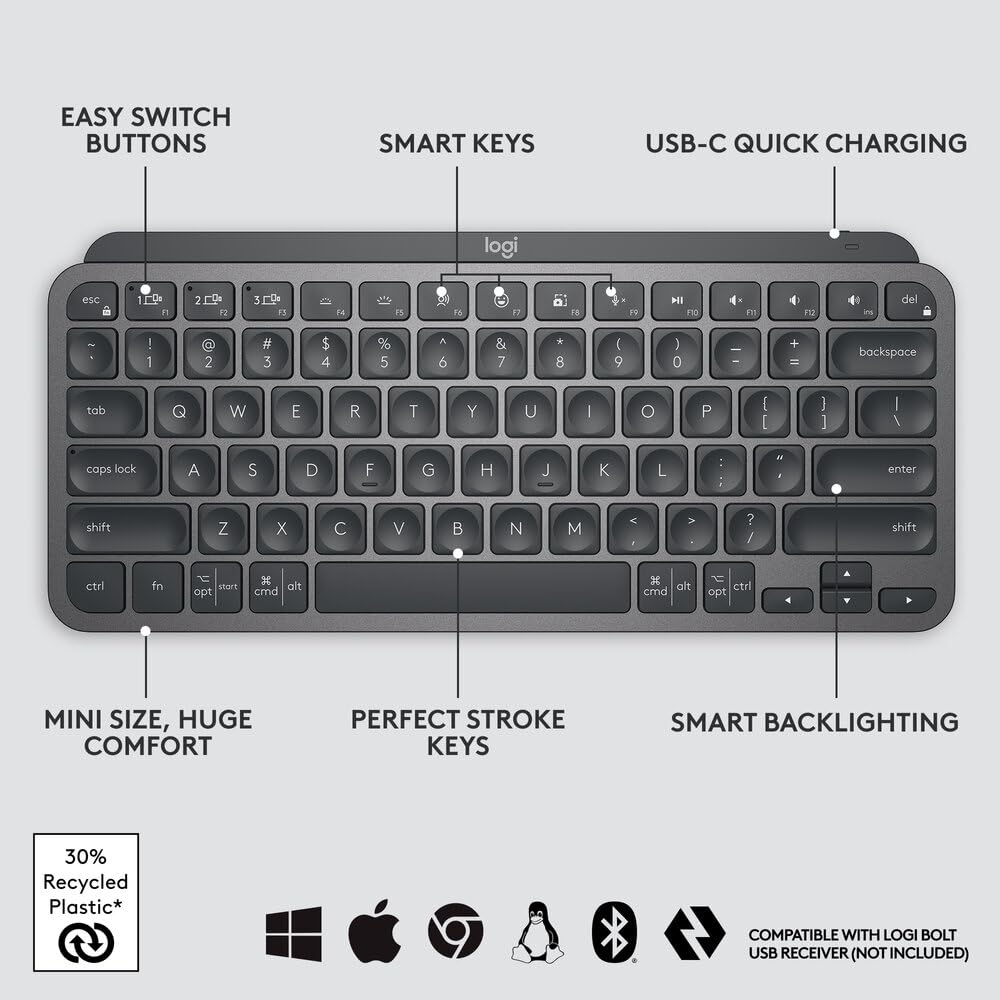Logitech MX Keys Mini Wireless Illuminated Keyboard – Compact Metal Build with Smart Keys, Backlighting & Multi-Device Bluetooth Connectivity (Graphite) 7 Logitech MX Keys Mini Wireless Illuminated Keyboard – Compact Metal Build with Smart Keys, Backlighting & Multi-Device Bluetooth Connectivity (Graphite) - Image 7