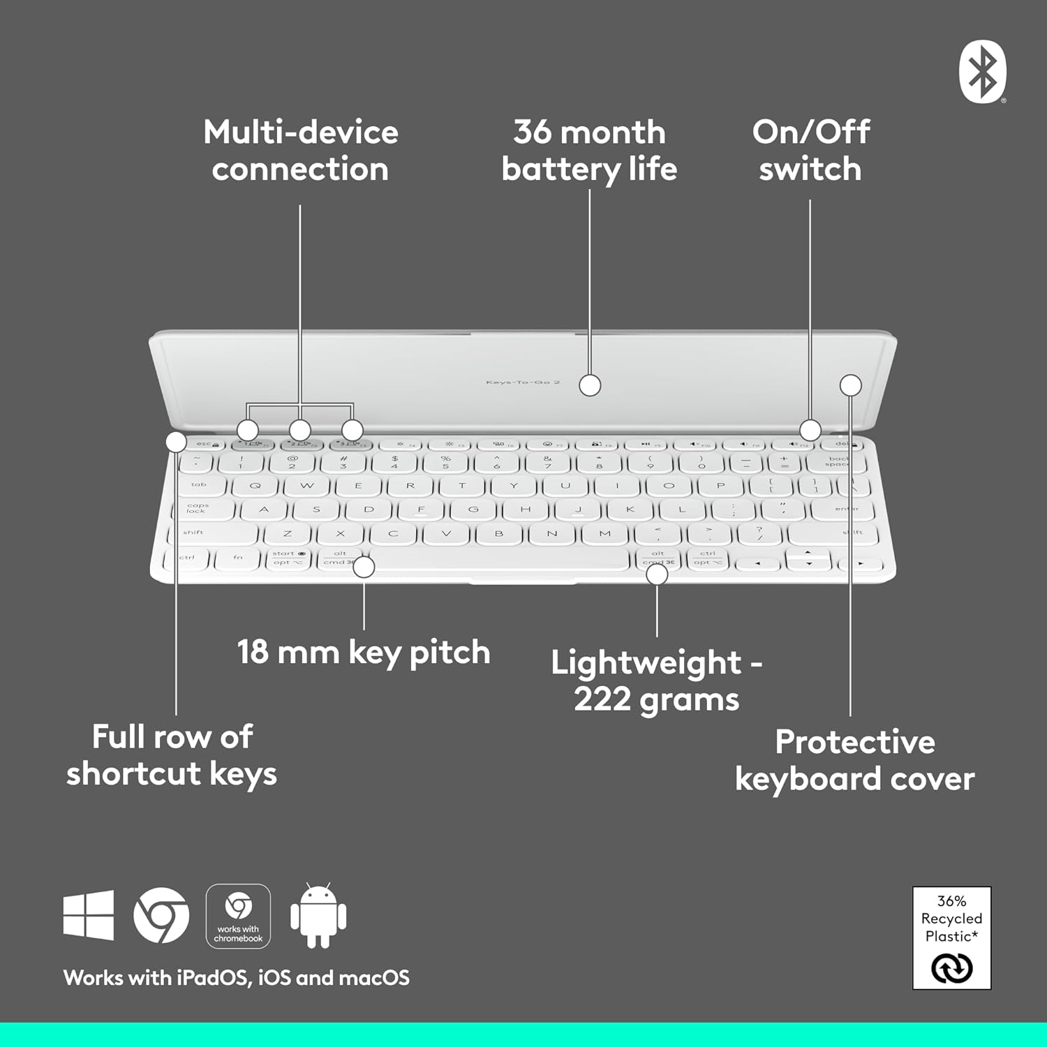 Logitech Keys-to-Go 2 Portable Bluetooth Keyboard – Ultra Slim Wireless with Built-in Cover, Multi-OS Compatibility, 3-Year Battery Life - Pale Grey 8 Logitech Keys-to-Go 2 Portable Bluetooth Keyboard – Ultra Slim Wireless with Built-in Cover, Multi-OS Compatibility, 3-Year Battery Life - Pale Grey - Image 8