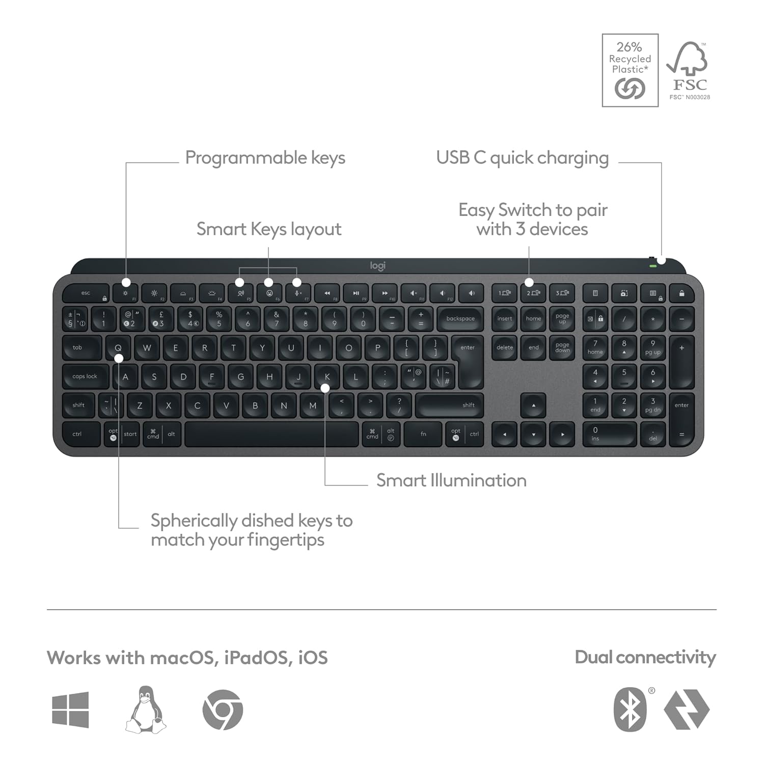 Logitech G Keys S Wireless Keyboard – Premium Low Profile Quiet Typing with Programmable Keys & Backlighting for Windows, Mac, Linux, Chrome (Graphite) 6 Logitech G Keys S Wireless Keyboard – Premium Low Profile Quiet Typing with Programmable Keys & Backlighting for Windows, Mac, Linux, Chrome (Graphite) - Image 6