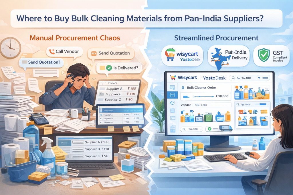 9 Smart Ways to Buy Bulk Cleaning Materials from Pan-India Suppliers and Save Lakhs Annually 1 B2B cleaning supplies, bulk cleaning material suppliers India, office cleaning procurement, pan India cleaning suppliers, procurement automation India, wholesale cleaning products India, Wisycart, YostoDesk