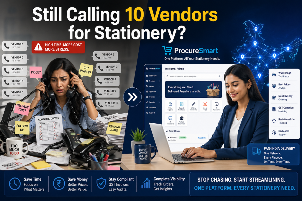 How to Contact Stationery Suppliers That Deliver Nationwide (9 Proven Methods for Indian Businesses) 1 admin productivity, B2B purchasing, bulk stationery buying, business operations efficiency, centralized procurement, cost saving procurement, digital procurement platform, GST compliant purchasing, office admin tools, office procurement, office supplies India, office supply chain, PAN India delivery, procurement automation, procurement software, purchase management system, smart procurement, stationery procurement, vendor consolidation, vendor management