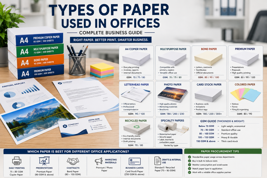 Types of Paper Used in Offices: Complete Business Guide 1 A4 paper, Bond Paper, business printing, card stock paper, Copier paper, GSM paper, office consumables, office paper, office paper types, office procurement, office stationery, Office Supplies, paper buying guide, paper procurement, Photo Paper, premium paper, Printing Paper, Printing Supplies, types of paper, workplace supplies