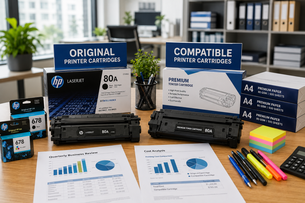 Compatible vs Original Printer Cartridges: Which One Should Your Business Choose? 1 business printing, cartridge comparison, compatible printer cartridges, compatible toner cartridges, genuine printer cartridges, ink cartridges, OEM cartridges, OEM vs compatible cartridges, office consumables, office printing, office procurement, Office Supplies, original printer cartridges, printer buying guide, printer cartridges, printer consumables, printing costs, printing solutions, third party cartridges, toner cartridges