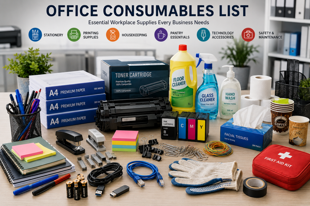Office Consumables List: Essential Workplace Supplies Every Business Needs 1 business consumables, consumables management, facility management, housekeeping supplies, ink cartridges, office administration, office consumables, office consumables list, office essentials, office inventory, office operations, office procurement, office stationery, Office Supplies, pantry supplies, printer consumables, procurement checklist, toner cartridges, workplace consumables, workplace supplies
