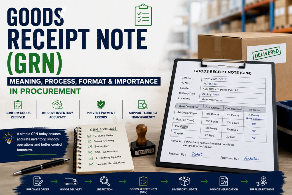 Goods Receipt Note (GRN): Meaning, Process, Format & Importance in Procurement 1 business operations, business procurement, goods receipt note, goods receipt note example, goods receipt note format, goods receipt note meaning, goods receiving process, GRN, GRN process, inventory control, inventory management, invoice verification, office procurement, Office Supplies, procurement best practices, procurement documentation, procurement management, procurement process, purchase order, purchase requisition, stores management, supplier management, supply chain management, three way matching, warehouse management