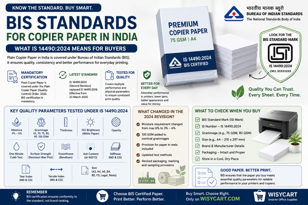 BIS Standards for Copier Paper in India: What IS 14490:2024 Means for Buyers 1 A4 paper, BIS, BIS certification, Copier paper, GSM, IS 14490:2024, ISI mark, office paper, office stationery, Office Supplies, paper brightness, paper moisture, paper opacity, paper procurement, paper quality, paper standards India, plain copier paper, Printing Paper, procurement, Wisycart