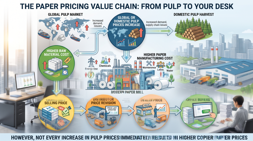 How Pulp Prices Affect Copier Paper Prices in India 2 A4 paper, agricultural residue paper, Copier paper, copier paper prices, office paper, office stationery, Office Supplies, paper industry, paper industry india, paper manufacturing, paper pricing, paper procurement, paper pulp, paper raw materials, pulp market, pulp prices, recycled fibre, sustainable paper, virgin pulp