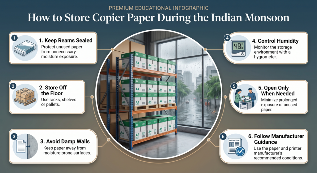 How the Indian Monsoon Affects Copier Paper Quality: Moisture, Curling & Paper Jams 3 A4 paper, copier maintenance, Copier paper, humidity and paper, India monsoon, monsoon paper storage, office printing, office procurement, office stationery, Office Supplies, paper curling, paper jams, paper moisture, paper quality, paper storage, printer maintenance, printing problems, procurement, warehouse management