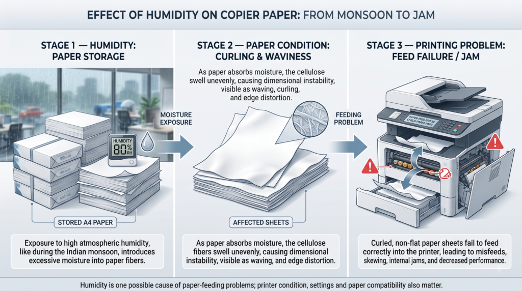 How the Indian Monsoon Affects Copier Paper Quality: Moisture, Curling & Paper Jams 2 A4 paper, copier maintenance, Copier paper, humidity and paper, India monsoon, monsoon paper storage, office printing, office procurement, office stationery, Office Supplies, paper curling, paper jams, paper moisture, paper quality, paper storage, printer maintenance, printing problems, procurement, warehouse management