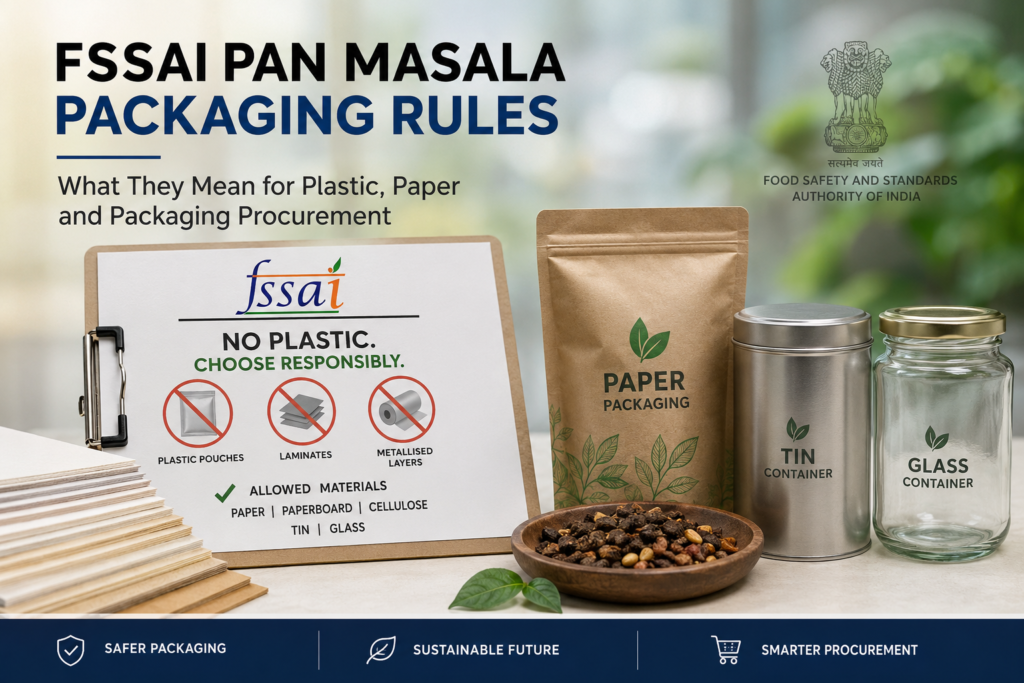 FSSAI Pan Masala Packaging Rules: What They Mean for Plastic, Paper and Packaging Procurement 1 biodegradable packaging, cellulose packaging, food contact packaging, food packaging, FSSAI, glass packaging, Office Supplies, packaging industry India, packaging materials, packaging procurement, packaging regulations India, pan masala packaging, paper packaging, paperboard packaging, plastic free packaging, plastic packaging, procurement, sustainable packaging, tin packaging, Wisycart